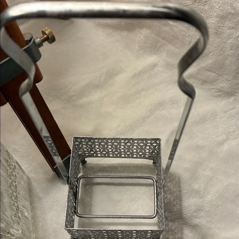 Elegant Glass Decanter with Metal Holder Both Square W/Square Stopper Original